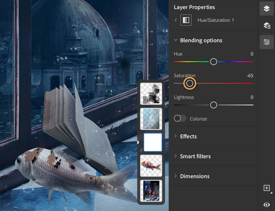 Photoshop layer properties show Saturation set to -65, the color of the fish on the left is desaturated. Photoshop layer properties show Saturation set to -65, the color of the fish on the left is desaturated.