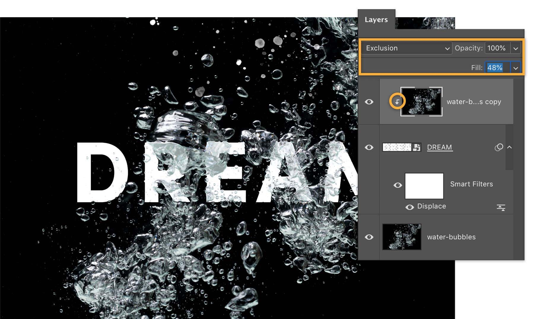 Bubbles layer is duplicated, added to the top, and clipping mask created. The word DREAM appears to be distorted by bubbles.