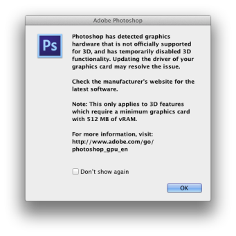 Photoshop Graphics hardware not officially supported message