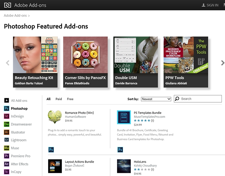 Adobe add-ons page