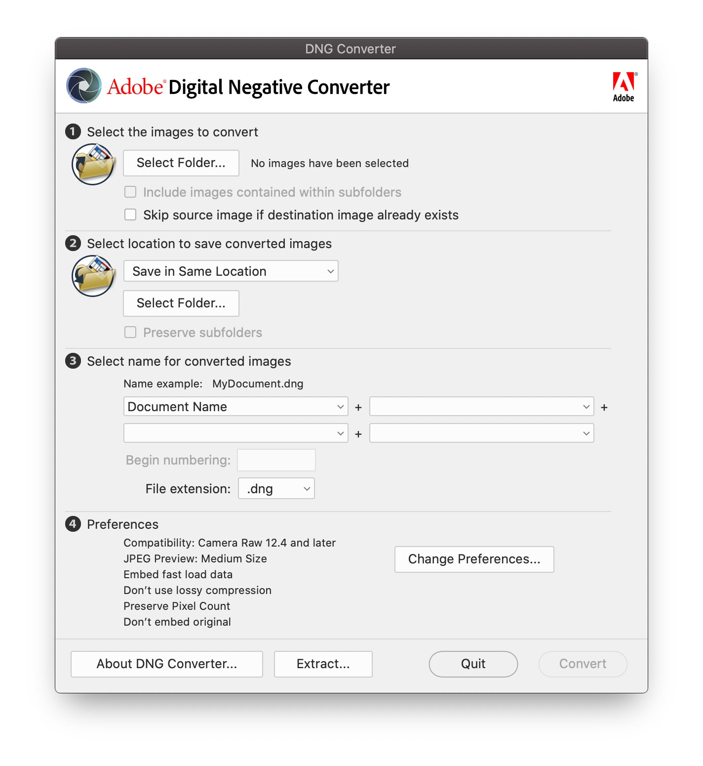 Adobe DNG Converter 대화 상자