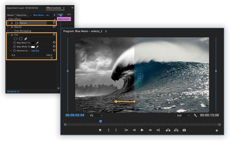 Video effect is fine-tuned in the Effect Controls panel. Video effect is fine-tuned in the Effect Controls panel.