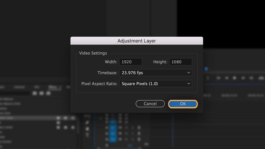 Video settings for adjustment layer match sequence. Video settings for adjustment layer match sequence.