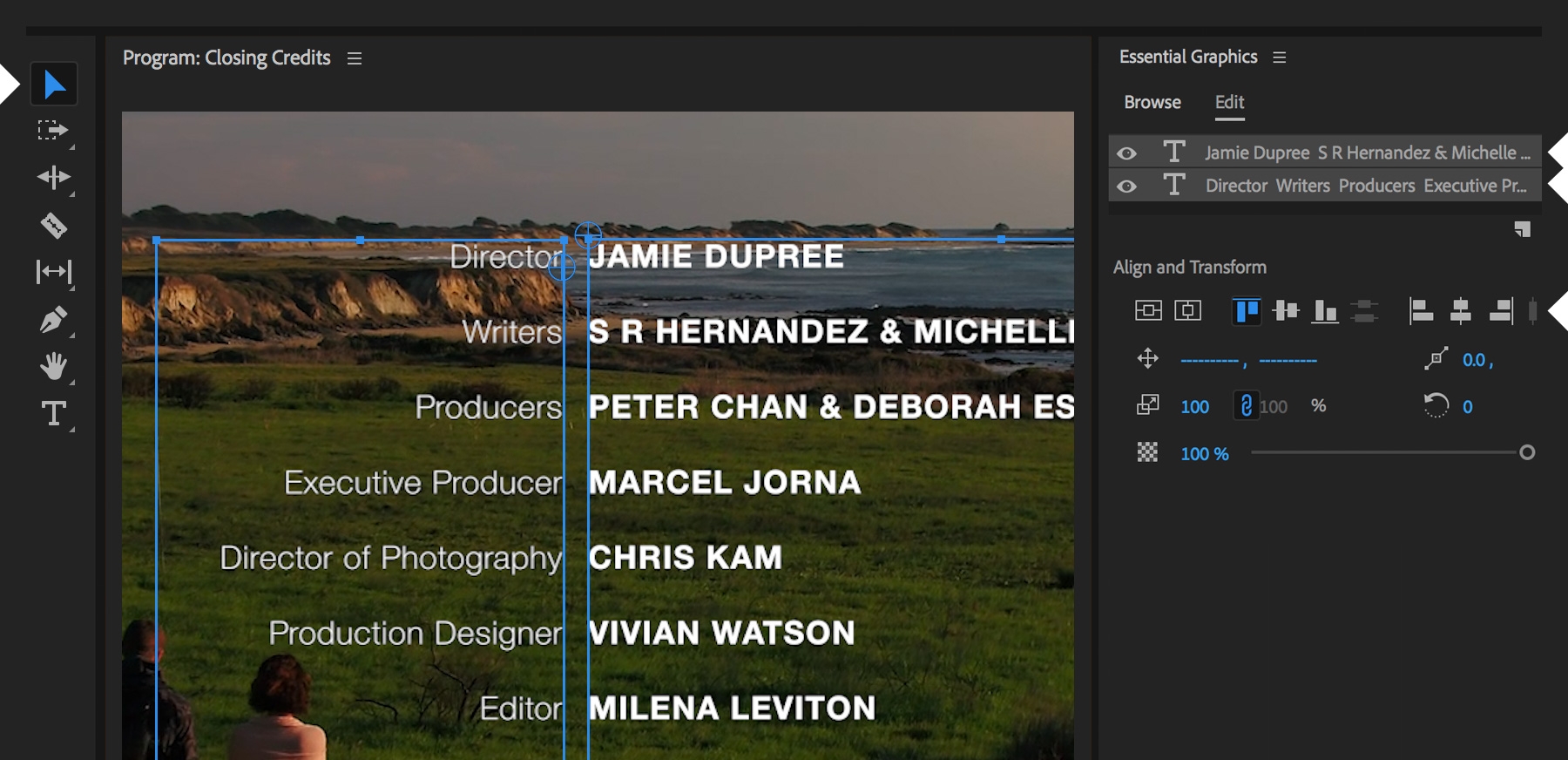 text-align for end credit in Premiere Pro