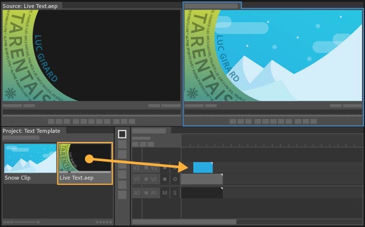 The text layer is dragged to a sequence in the timeline and placed on a track above the video.
