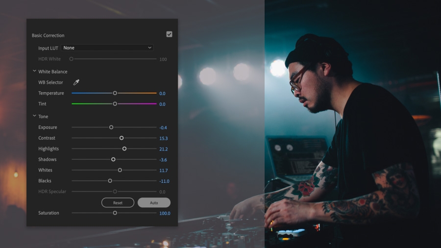 An image of DJ onstage with the Premiere Pro Lumetri Color panel showing detailed controls