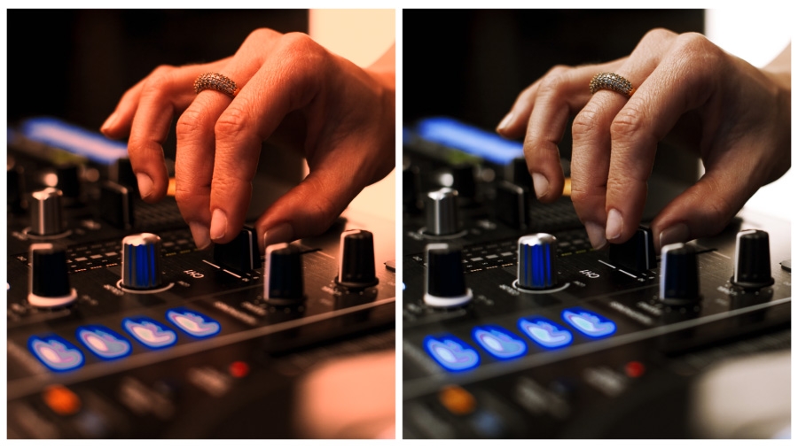 Side-by-side image of a mixing board, one with a red color cast and the other with corrected natural colors