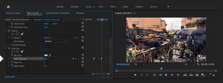 Color Tolerance value is keyframed from zero to maximum. Outgoing clip gradually disappears and reveals incoming clip. Color Tolerance value is keyframed from zero to maximum. Outgoing clip gradually disappears and reveals incoming clip.