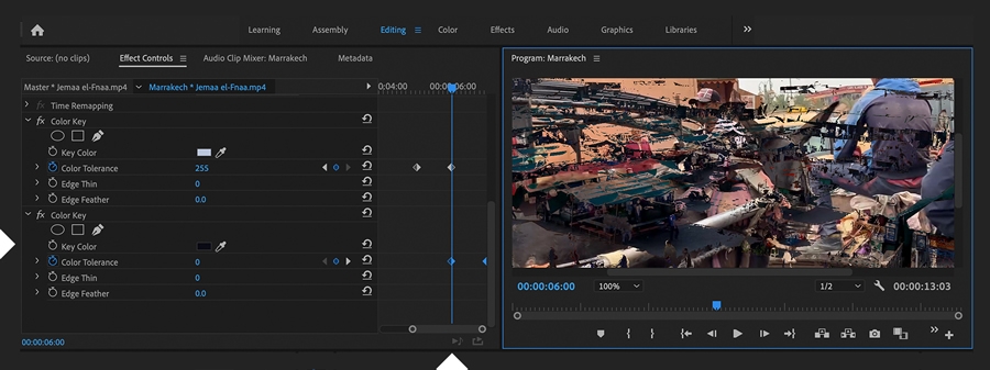 Color Key effect is duplicated and Key Color is adjusted, replacing all traces of the outgoing clip with the incoming clip. Color Key effect is duplicated and Key Color is adjusted, replacing all traces of the outgoing clip with the incoming clip.