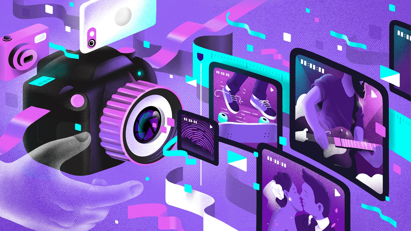 Illustration of hand holding DSLR camera. Clips of movies and filmstrip float in a purple and teal background. Illustration of hand holding DSLR camera. Clips of movies and filmstrip float in a purple and teal background.