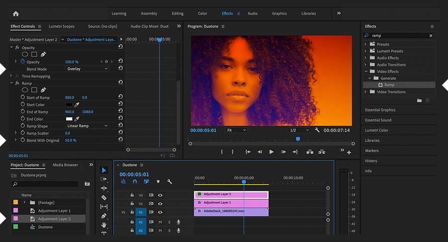 A second adjustment layer with Ramp effect and Overlay blend mode is added, then blended halfway with the original. A second adjustment layer with Ramp effect and Overlay blend mode is added, then blended halfway with the original.