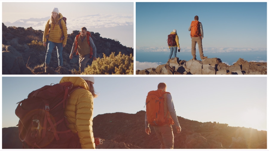 An image series of hikers on a mountain, shot from different angles An image series of hikers on a mountain, shot from different angles