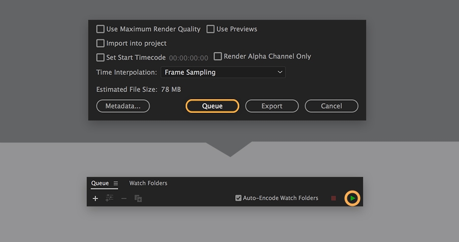 Click Export to export directly from Premier Pro, or click Queue to launch Adobe Media Encoder and add project to queue. Click Export to export directly from Premier Pro, or click Queue to launch Adobe Media Encoder and add project to queue.