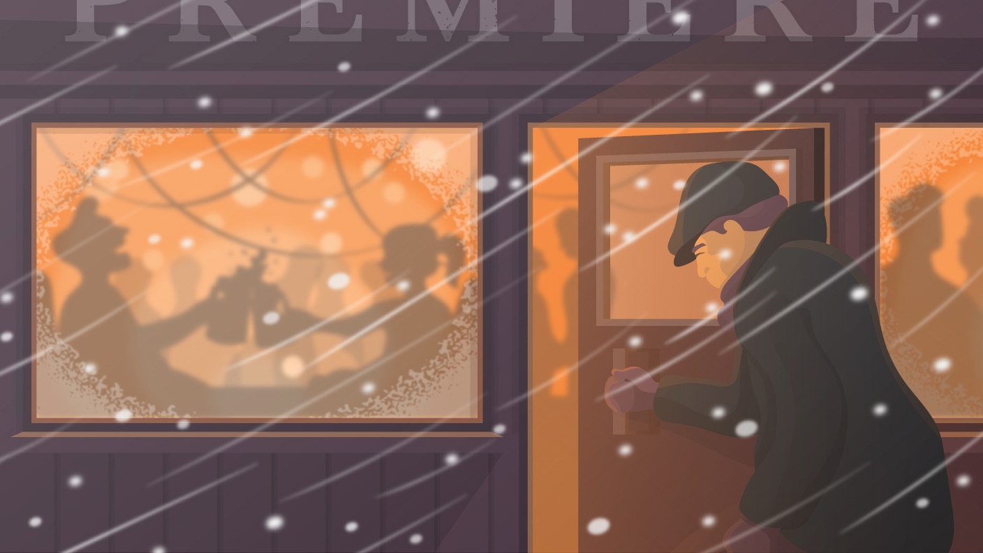 Illustration of a man entering a building on a snowy evening. People inside are having a party and toasting one another. Illustration of a man entering a building on a snowy evening. People inside are having a party and toasting one another.