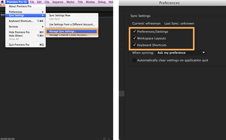 Sync Settings is selected. Preferences/Settings, Workspace Layouts, and Keyboard Shortcuts boxes are checked. Sync Settings is selected. Preferences/Settings, Workspace Layouts, and Keyboard Shortcuts boxes are checked.