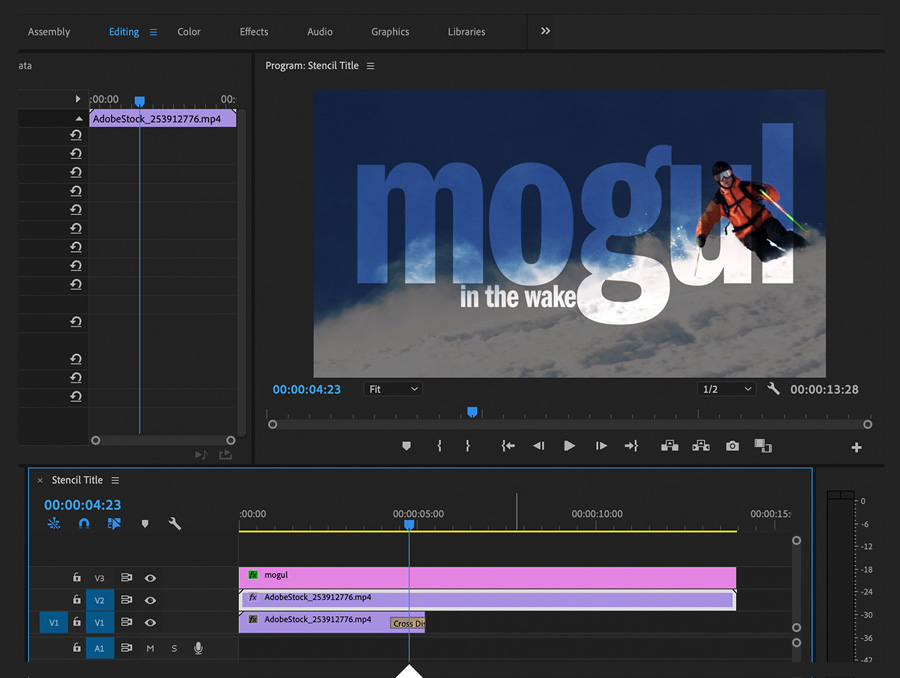 start off video on adobe premiere with black background and text