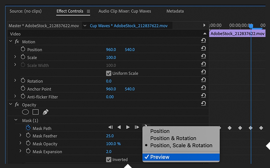 Effect Controls window is open. Mask path is tracked to ensure the mask follows the inside of the coffee cup. Effect Controls window is open. Mask path is tracked to ensure the mask follows the inside of the coffee cup.