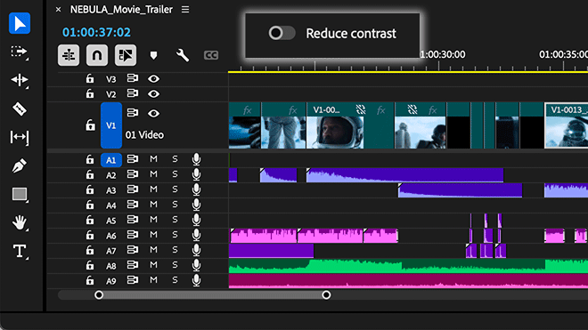 La interfaz de usuario muestra dos modos de contraste diferentes en Premiere Pro (Beta).