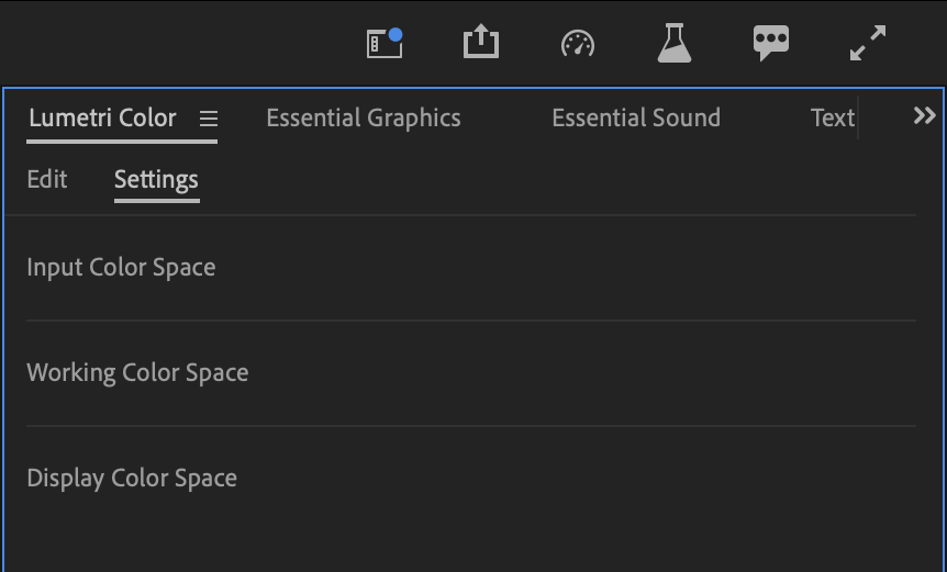 The Lumetri Color UI shows Settings that consolidate Input Color Space, Working Color Space, and Display Color Space across Premiere Pro.