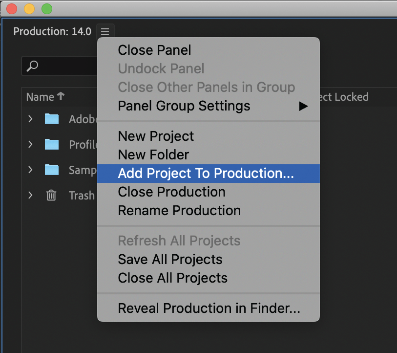 Add an existing project to a production Add an existing project to a production