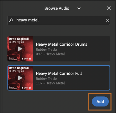 Search for audio assets included with Premiere Rush