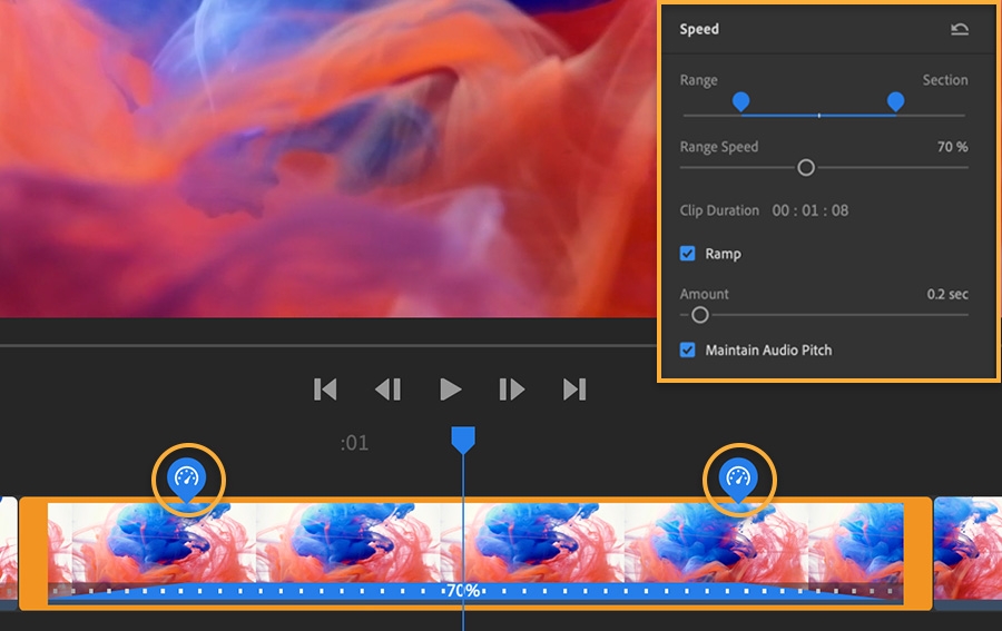 Zoomed in to middle clip on timeline, range speed set to 70%, speed ramps up from 0 at the start and down from 0 at the end. Zoomed in to middle clip on timeline, range speed set to 70%, speed ramps up from 0 at the start and down from 0 at the end.