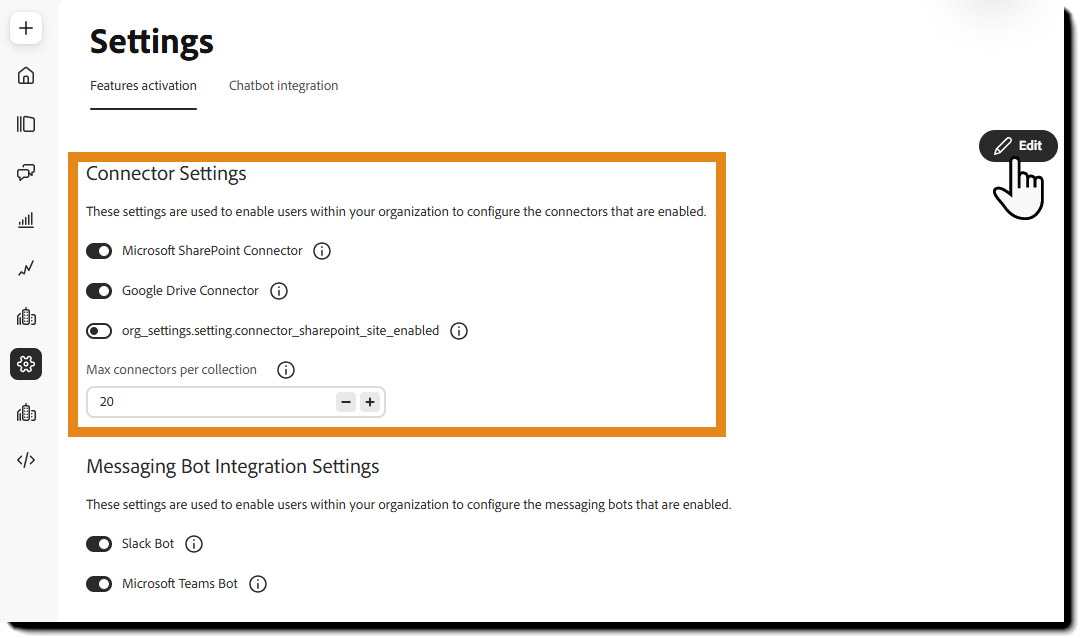 Connector Settings with Microsoft SharePoint and Google Drive options and a maximum connectors per collection value.
