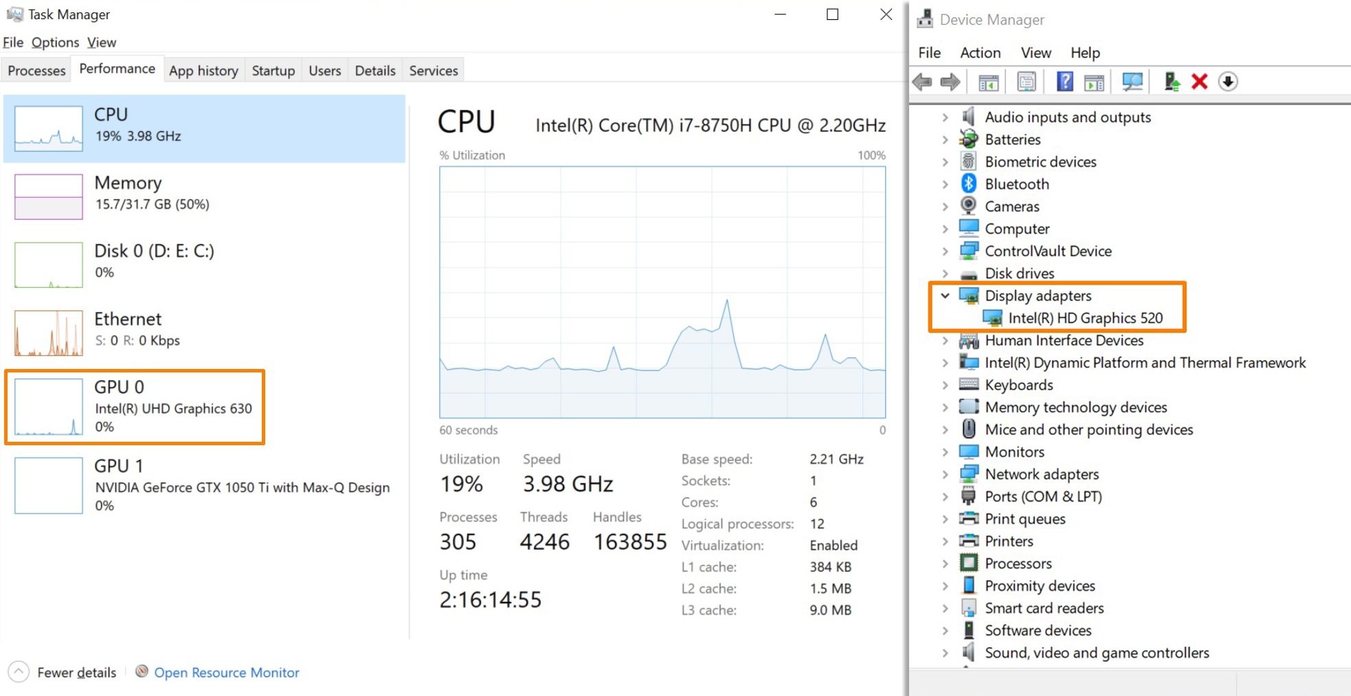  GPU in the Task Manager and the Device Manager