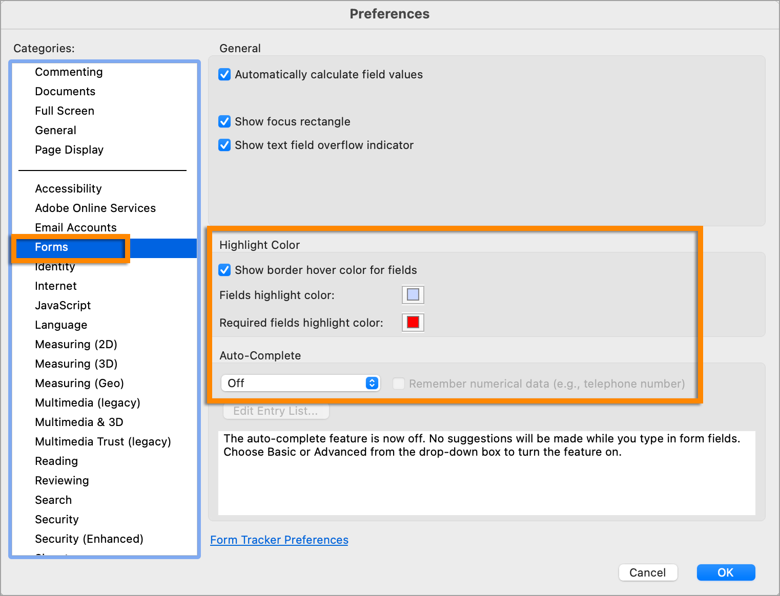 Accessibility preferences in Forms pane