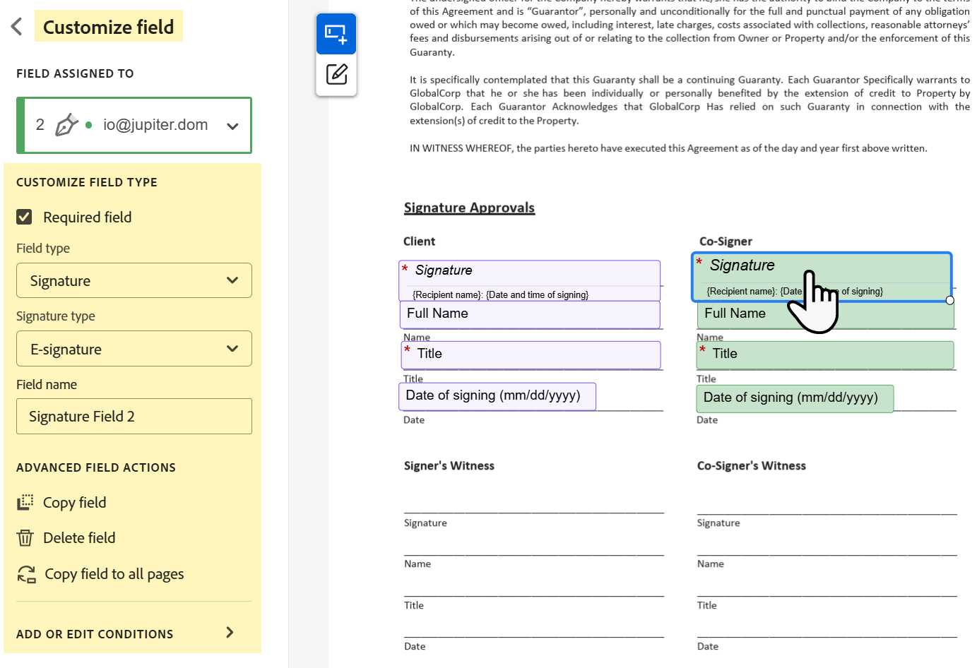 Selected Acrobat Sign form field with its properties displayed in the Customize field panel.