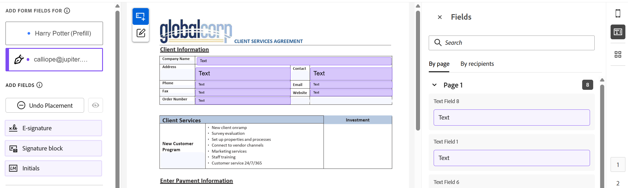 Modern Acrobat Sign authoring workspace with recipient selection, a document containing form fields, field customization controls, and the Fields panel.