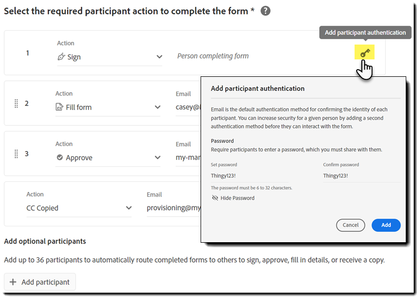 Configure optional authentication for the participants