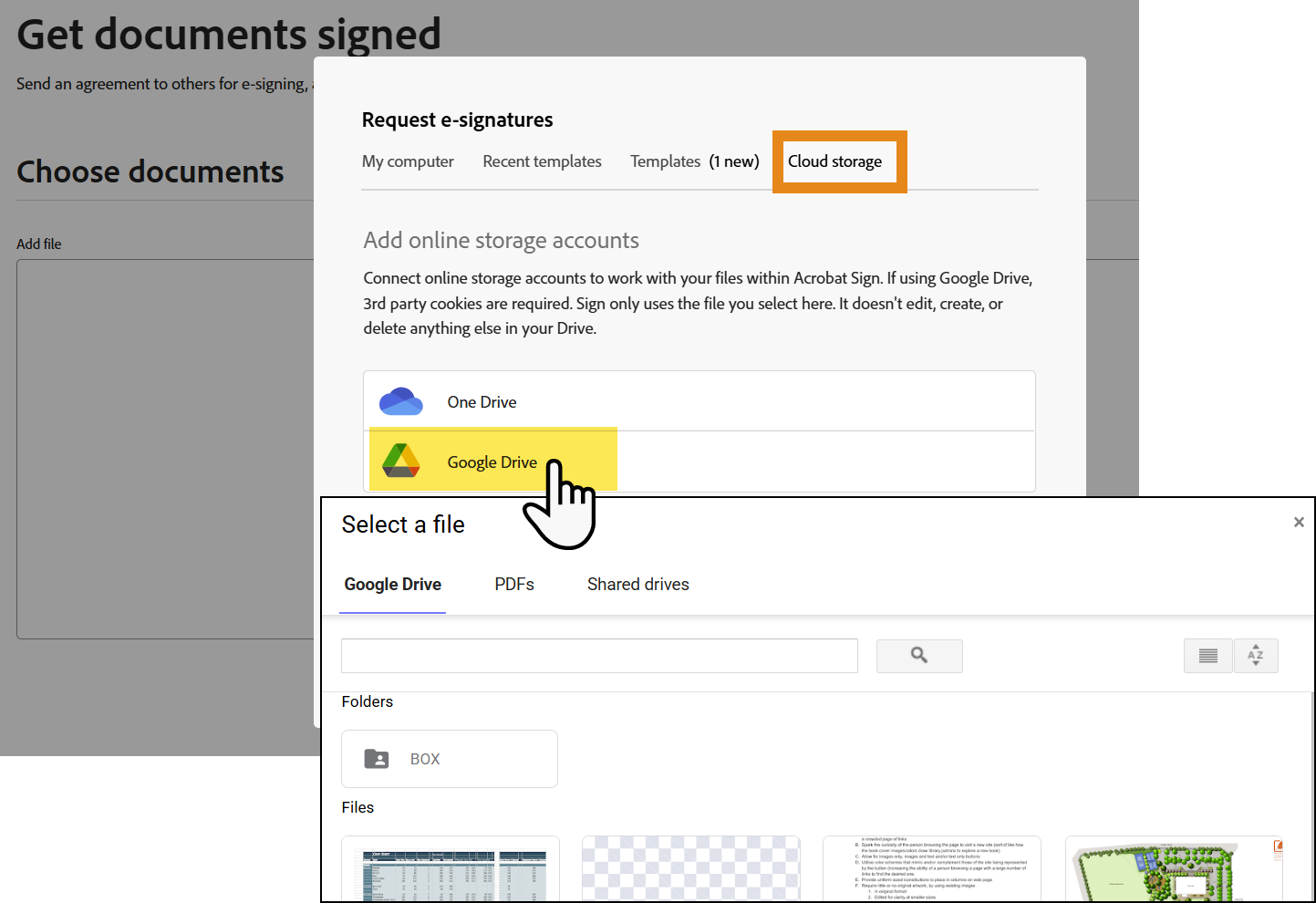 The file picker with Cloud storage and Google Drive highlighted