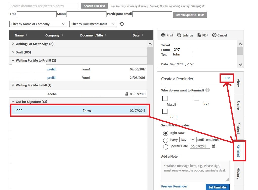 How To Track Reminders Setup On A Transaction Adobe Sign