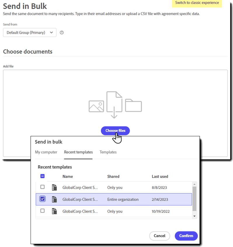 The Agreement details section of the Send in Bulk interface with theFile picker highlighted