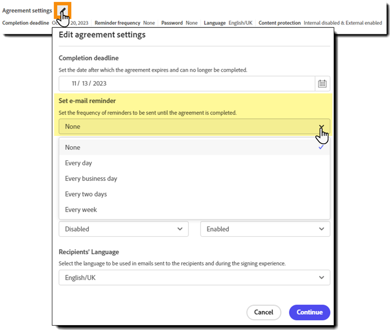 The agreement settings panel with the reminder selector highlighted