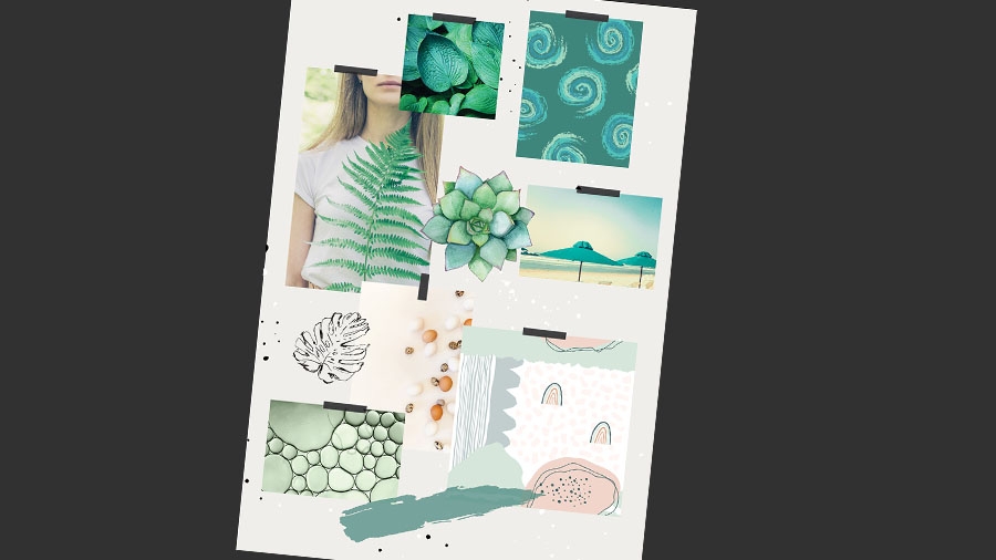 A mood board design featuring many different green images from Adobe Stock, including photos, drawings, and paint swashes. A mood board design featuring many different green images from Adobe Stock, including photos, drawings, and paint swashes.