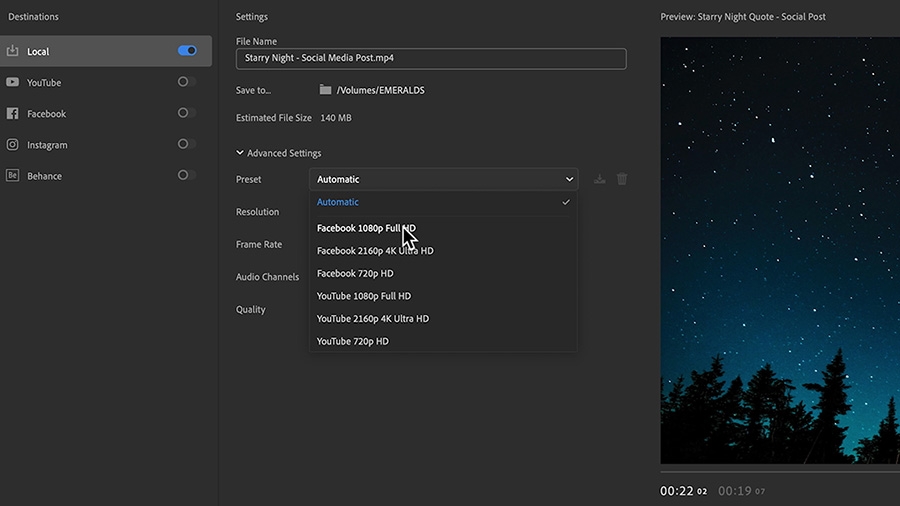 motion-graphics-template-for-social-videos-step5_900x506 Starry night sky video with John Muir quote is saved to a computer by clicking the Share tab and toggling Local selection.
