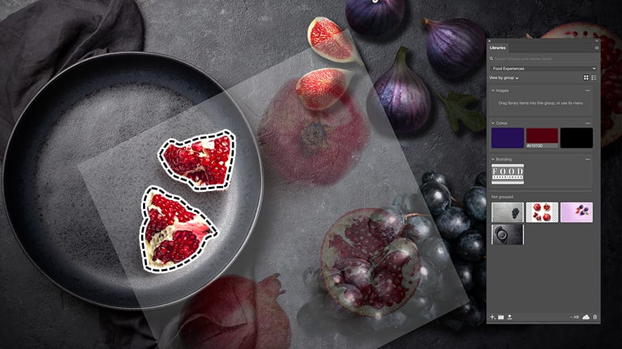 Image of pomegranate pieces imported, rotated and positioned over top of a bowl image in Photoshop. Image of pomegranate pieces imported, rotated and positioned over top of a bowl image in Photoshop.