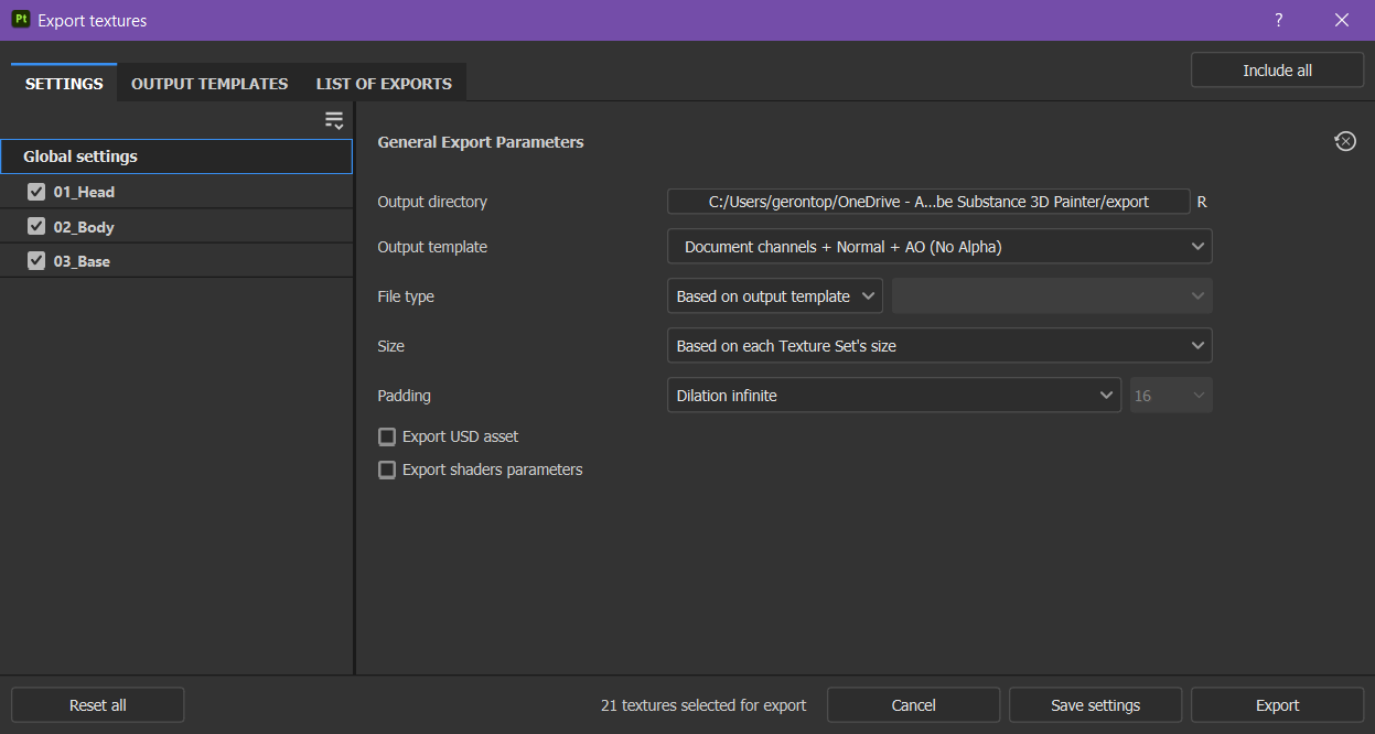 Export settings Substance 3D Painter