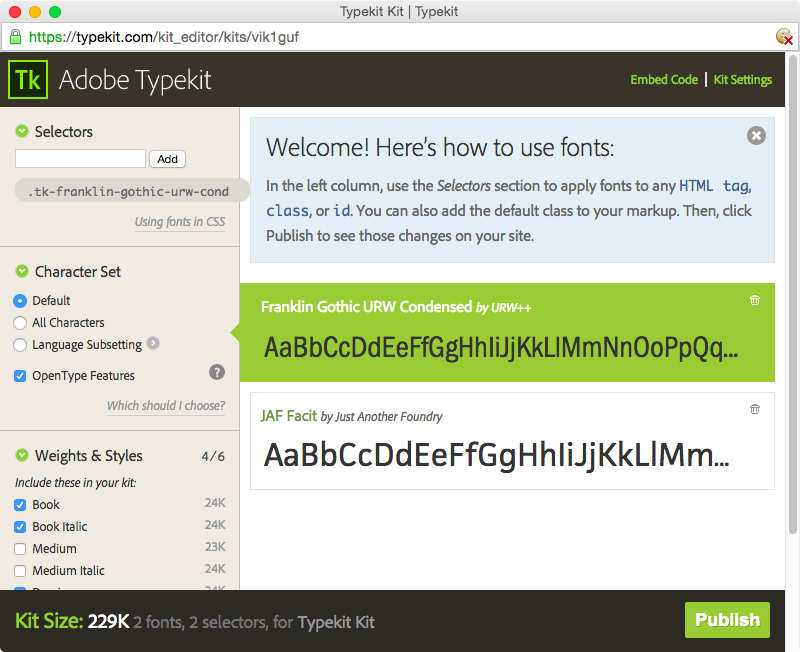 Publish the kit to the font network from the kit editor Publish the kit to the font network from the kit editor