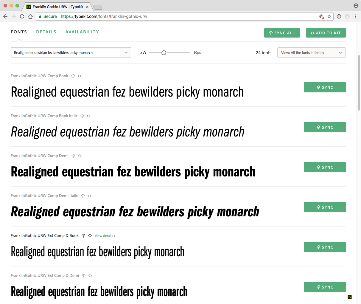 The "web use: add to kit button" on the font family page. The "web use: add to kit button" on the font family page.