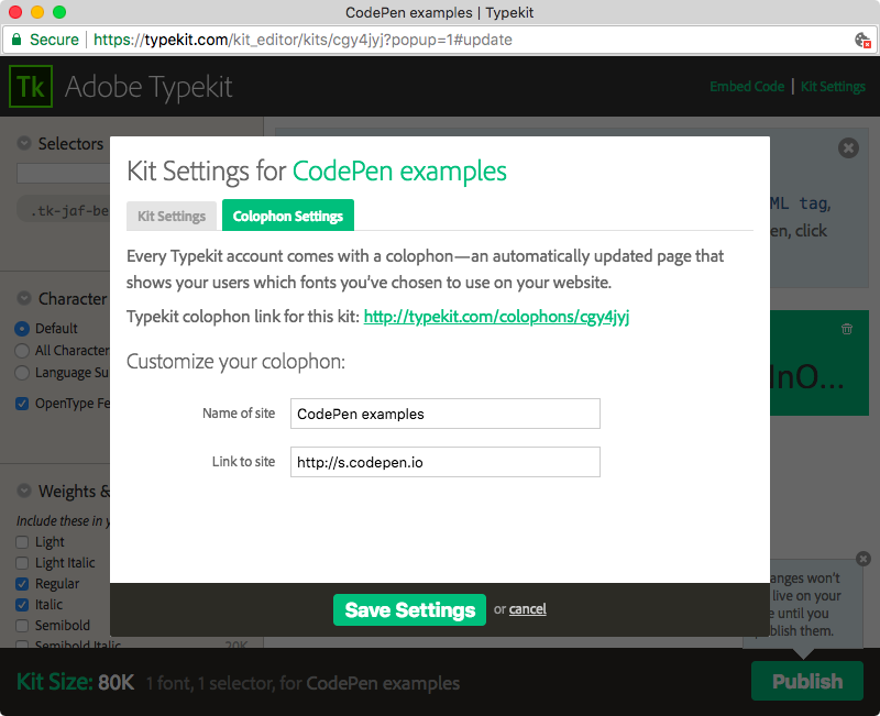 Colophon settings in the kit editor Colophon settings in the kit editor