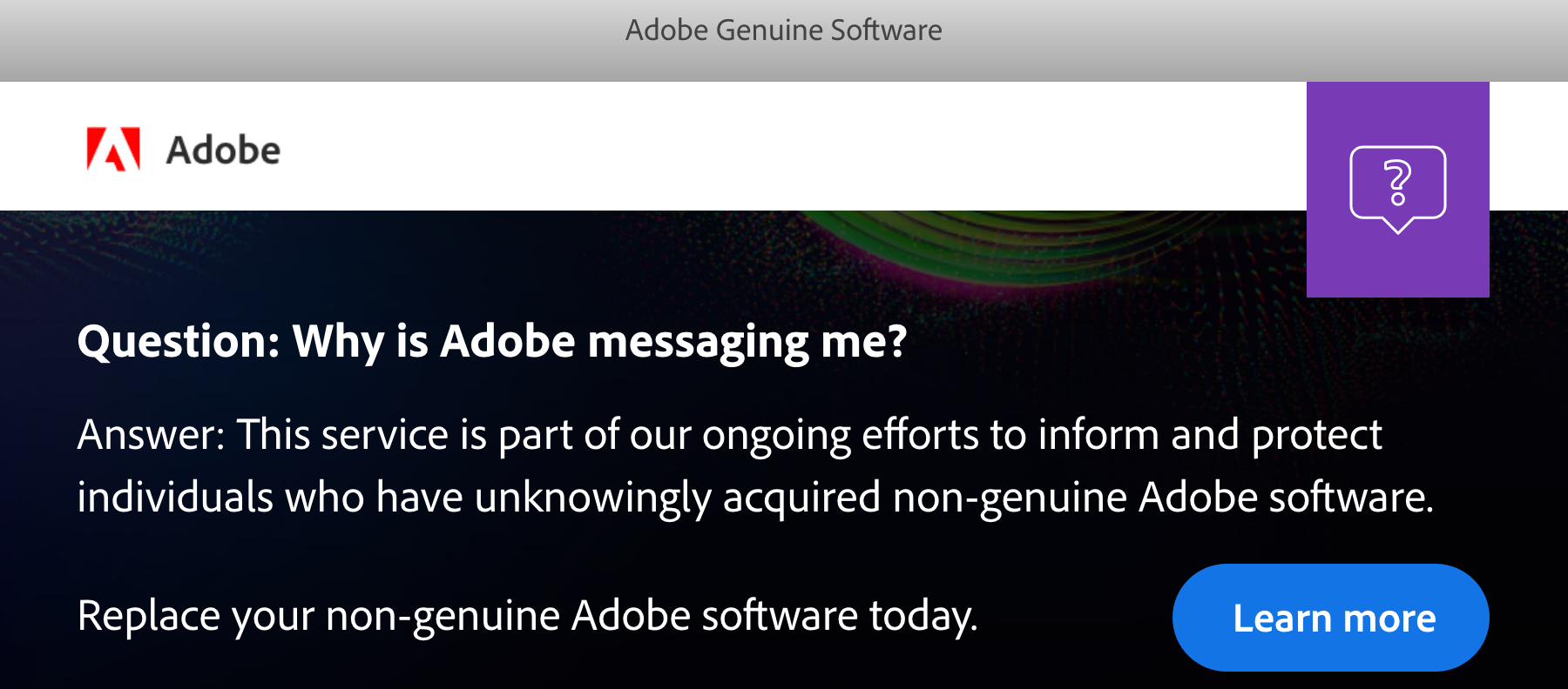 Learn about Adobe Genuine notifications