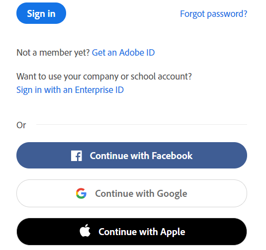 Sign in to your Adobe account with your Facebook, Google, or Apple