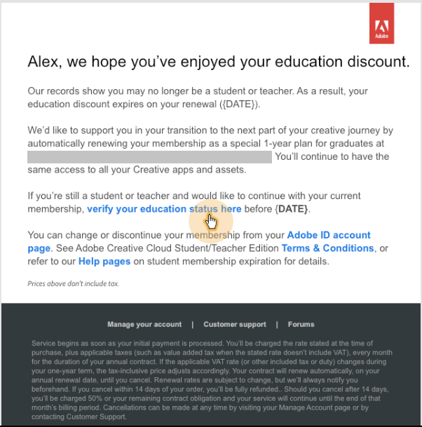 Renewal of educational student discount