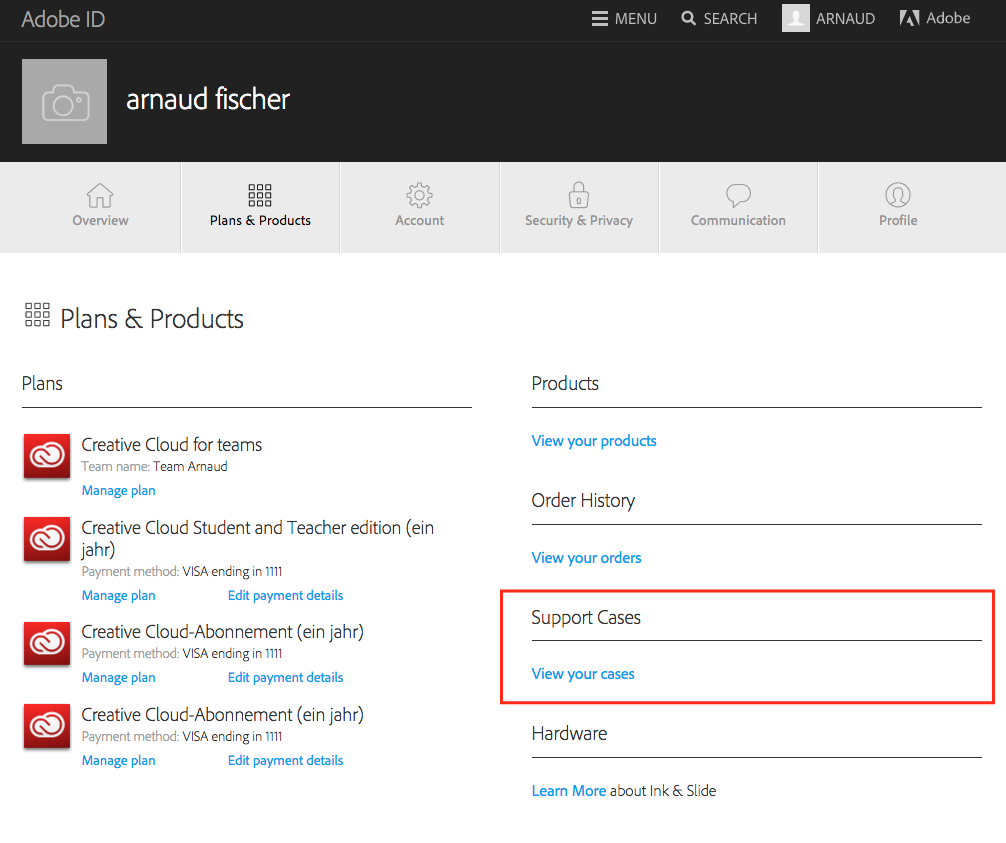 View Adobe Support cases