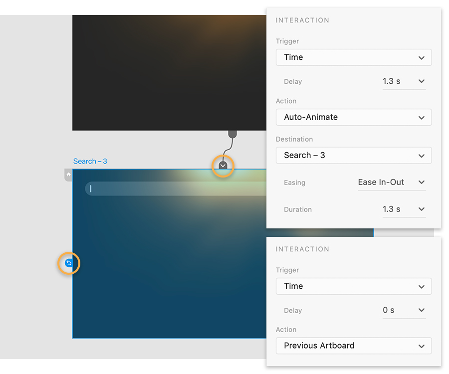 The second search artboard is wired to the third and the third shows the action is set to Previous Artboard. The second search artboard is wired to the third and the third shows the action is set to Previous Artboard.