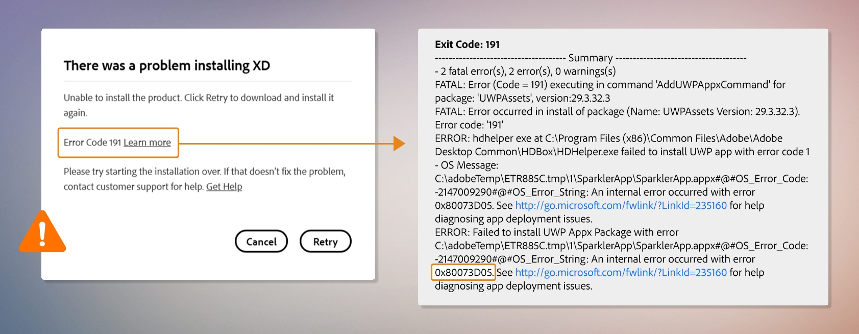 Image displaying the Error message 191 as seen by users