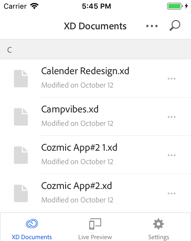 XD documents appearing with a gray icon when viewed on the XD mobile app XD documents appearing with a gray icon when viewed on the XD mobile app
